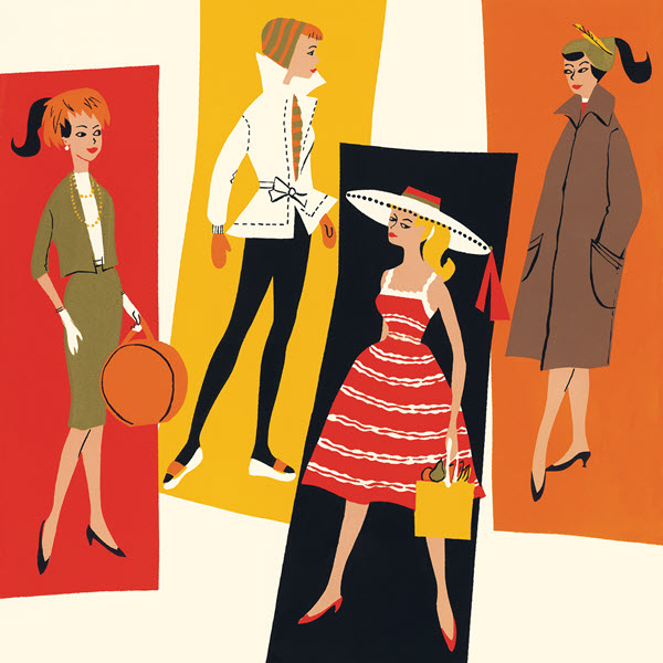 Retro illustration of fashionable women in vintage clothing